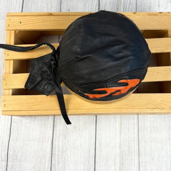 Black Leather Biker Skull Cap / Head Wrap with Orange Flames - Picture 3 of 6